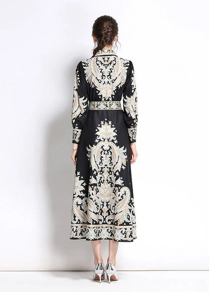 Italian Black Peter Pan Collar Print Silk Shirt Dresses Fall