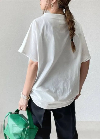 White Wrinkled Cotton T Shirt Tops Short Sleeve