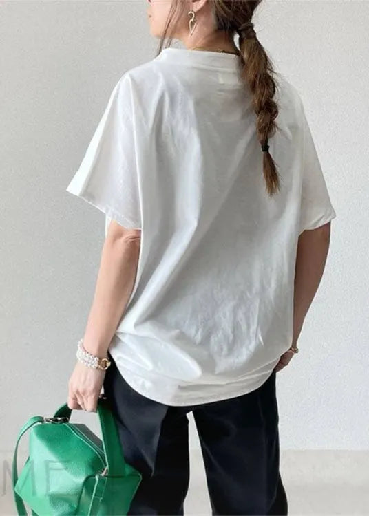 White Wrinkled Cotton T Shirt Tops Short Sleeve
