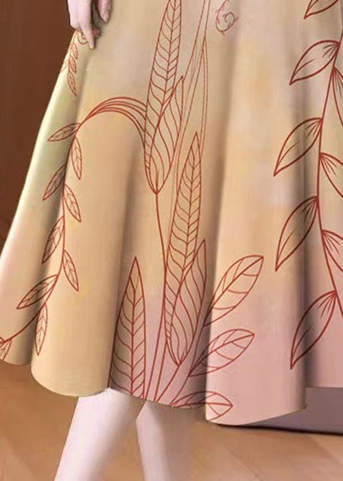 New Khaki Print Elastic Waist Cotton Skirt Summer