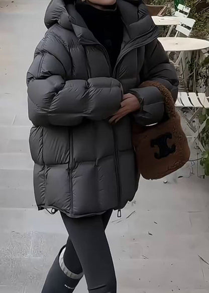 Dark Gray Plaid Drawstring Duck Down Winter Puffer Coat Hooded