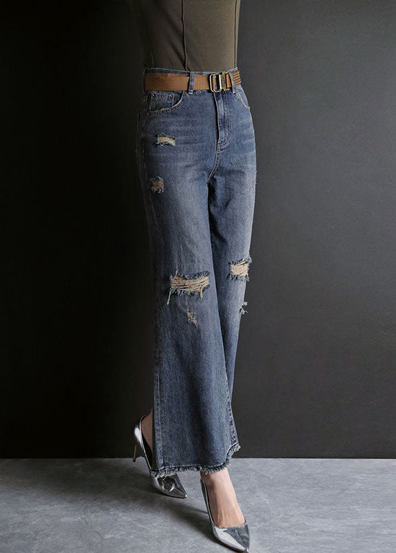 Blue High Waist Hole Pockets Cotton Denim Flare Pants Summer