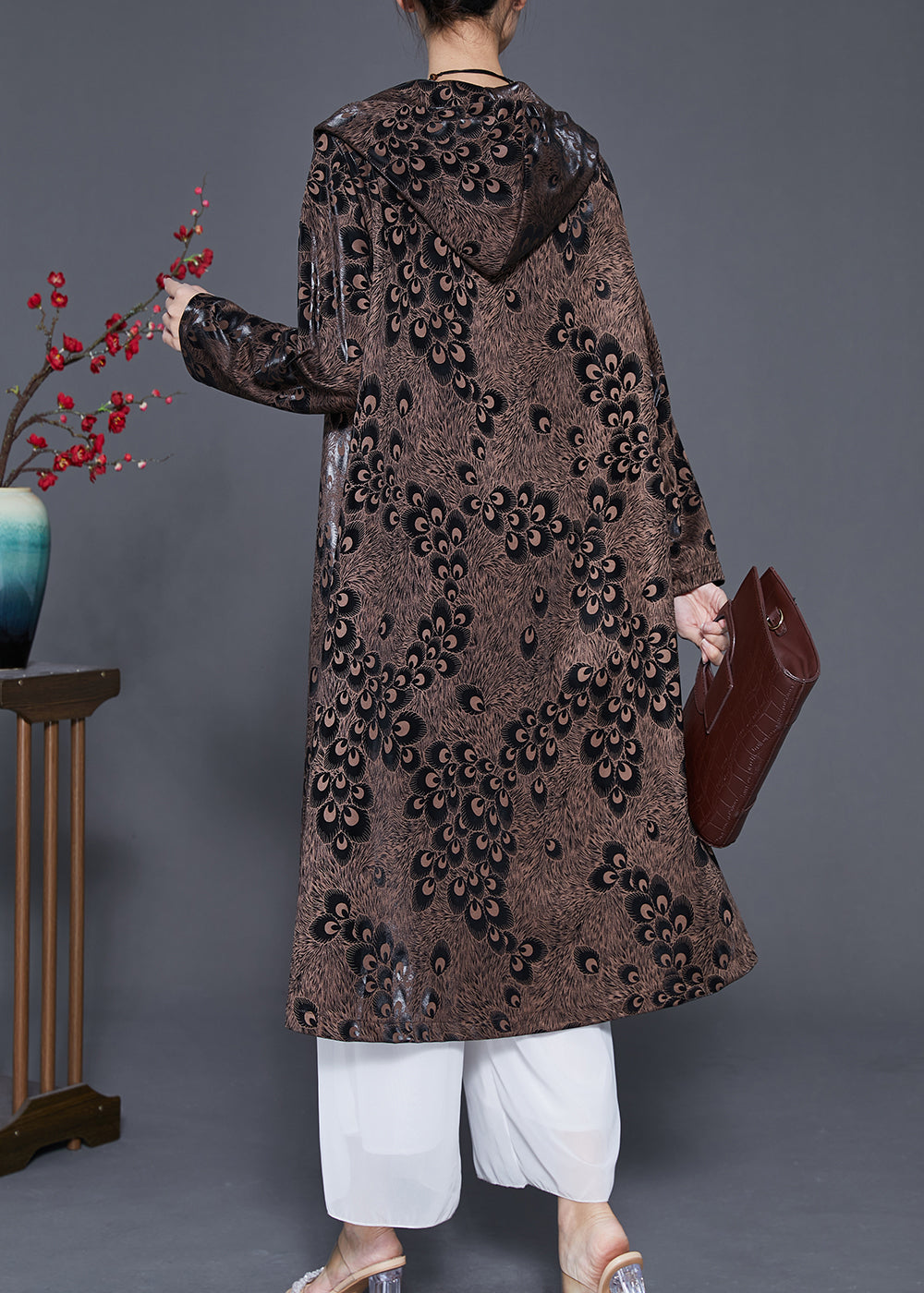 Brown Hooded Print Spandex Coat Outwear Spring