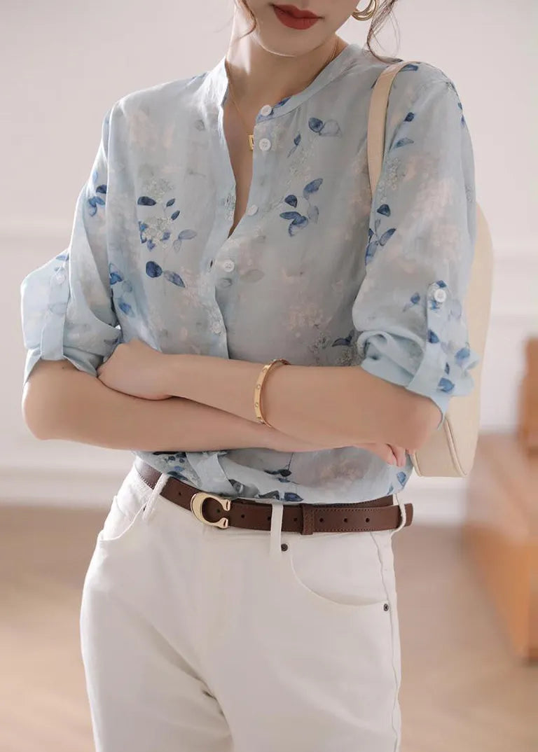 Light Blue Print Linen Top Bracelet Sleeve
