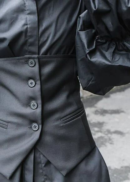 Fine Black Puff Sleeve Button Cotton Shirt