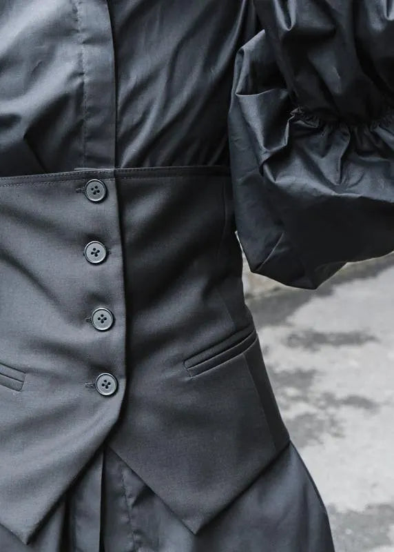 Fine Black Puff Sleeve Button Cotton Shirt