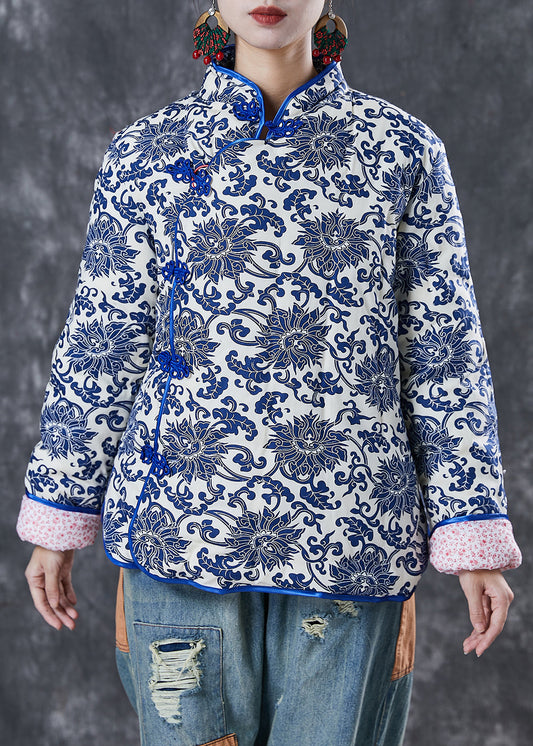 Blue Print Mandarin Collar Fine Cotton Filled Jacket Winter
