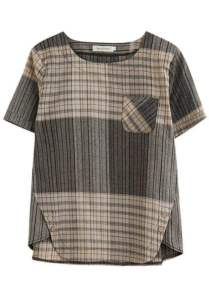 French Grey Plaid Asymmetrical Design Cotton Linen Blouse Top Summer