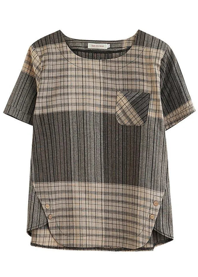 French Grey Plaid Asymmetrical Design Cotton Linen Blouse Top Summer