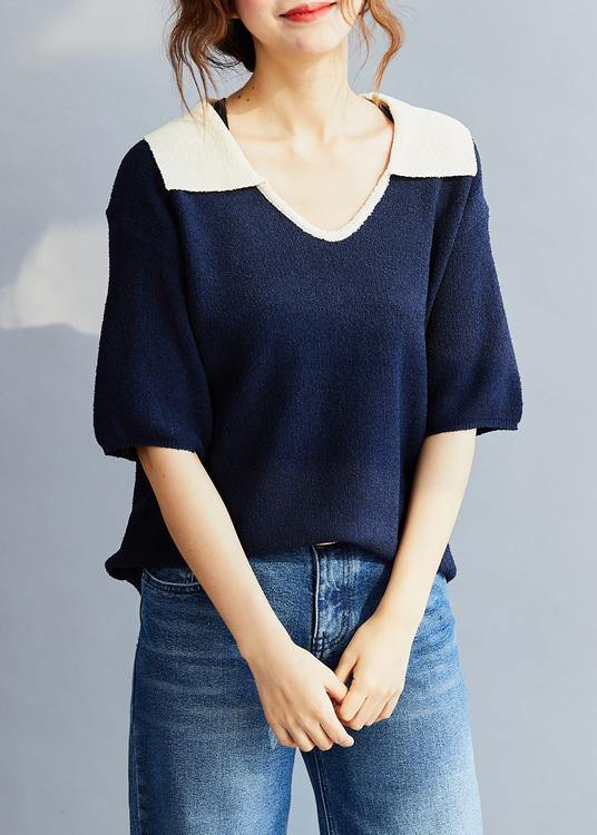 Blue Cotton Blouse Polo Collar Oversized Summer Shirt Style