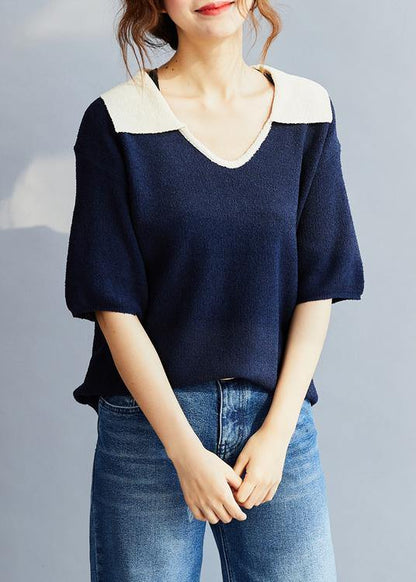Blue Cotton Blouse Polo Collar Oversized Summer Shirt Style