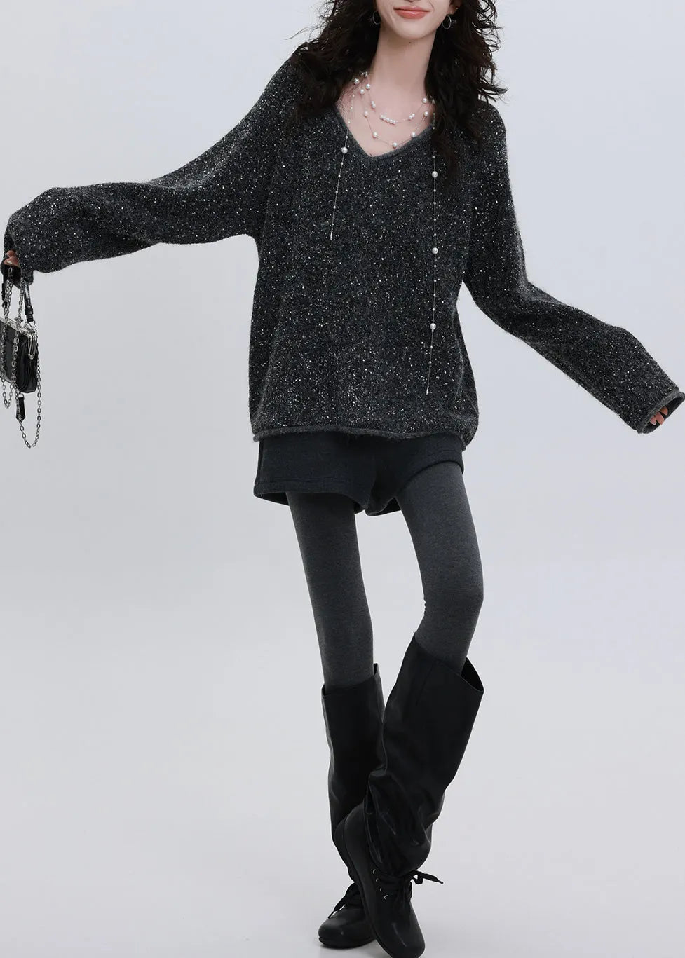 Charcoal Grey Sequins Oversized Knit Sweater Tops Winter