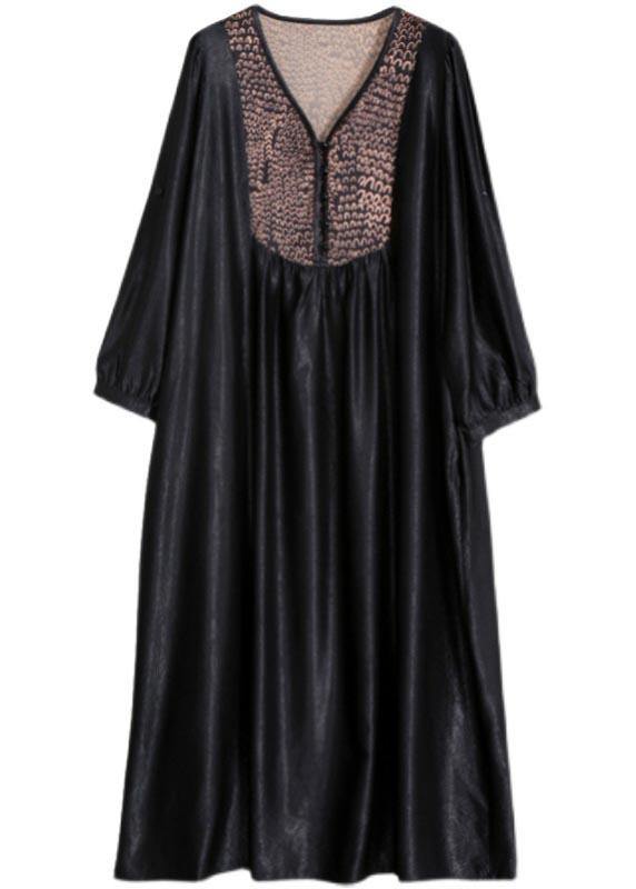 Organic Black Quilting Clothes V Neck Patchwork Robes Spring Dress