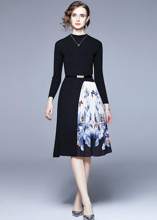 French Black O-neck Patchwork Print Knit Long Dress Long Sleeve