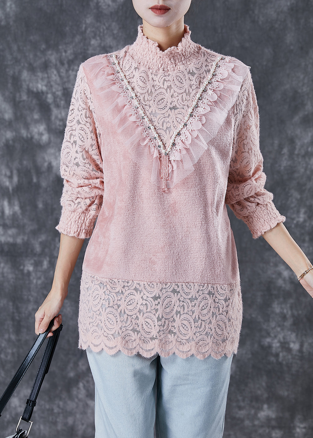 Pink High Neck Patchwork Lace Velour Shirts Winter
