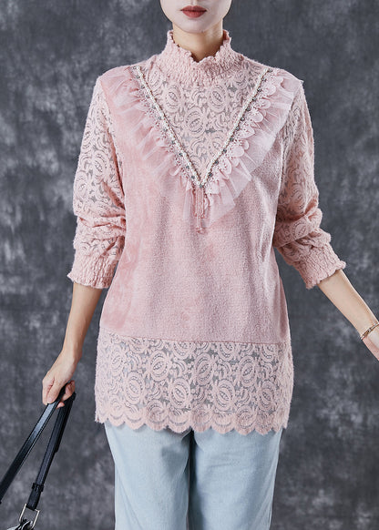 Pink High Neck Patchwork Lace Velour Shirts Winter
