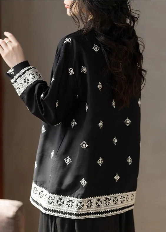 Classy Black Embroidered Tie Neck Cotton Top Fall