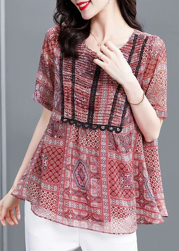 Red Print Wrinkled Chiffon Blouse Top Summer