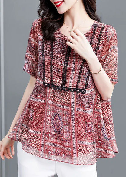 Red Print Wrinkled Chiffon Blouse Top Summer