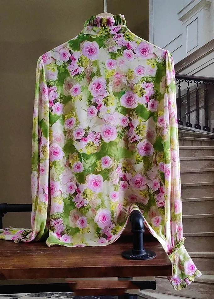 Green Ruffled Rose Print Silk Tops Spring