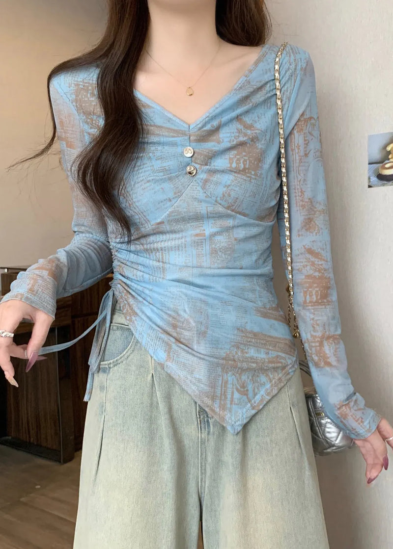 Silm Fit Blue Asymmetrical Print Cotton Top Fall