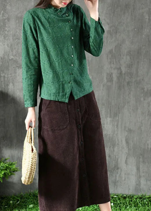 Natural Green Ruffled Jacquard Button Tops Long Sleeve