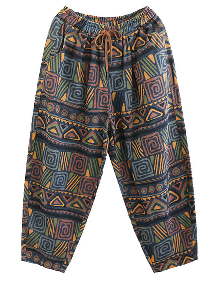 Blue Elastic Waist Pockets Print Cotton Denim Harem Pants Fall