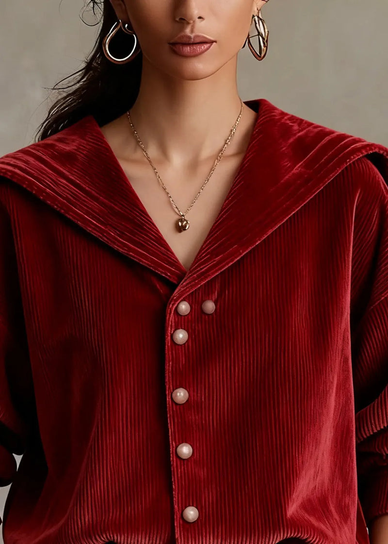 Red Sailor Collar Button Corduroy Shirts Spring