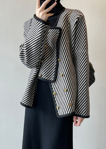Italian Asymmetrical Striped Double Breast Cotton Coats Fall