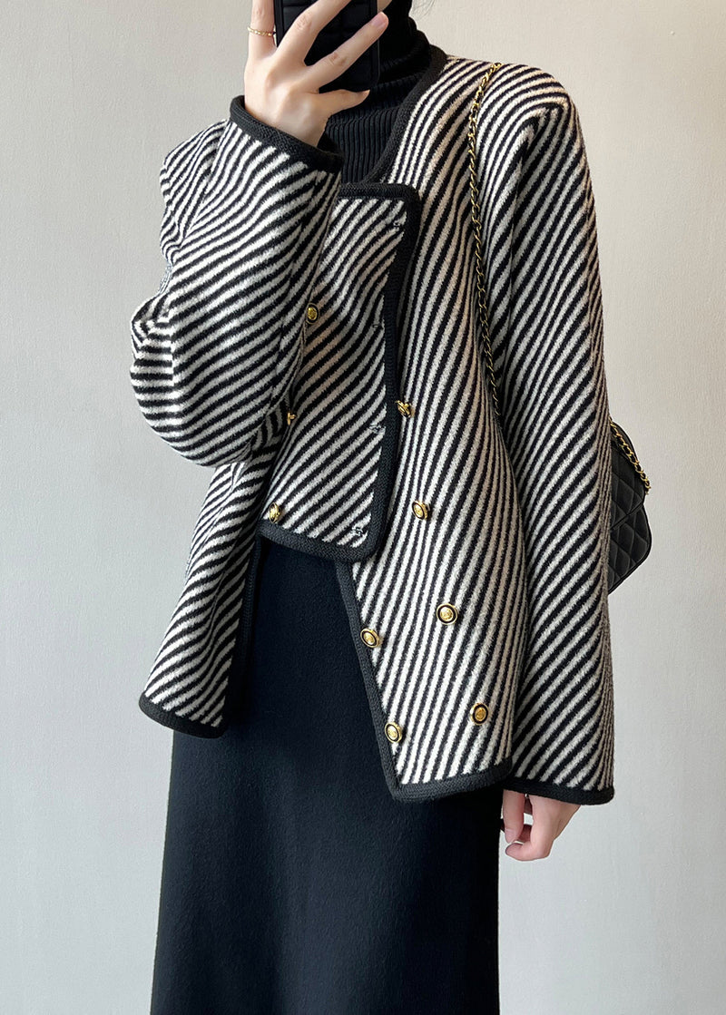 Italian Asymmetrical Striped Double Breast Cotton Coats Fall