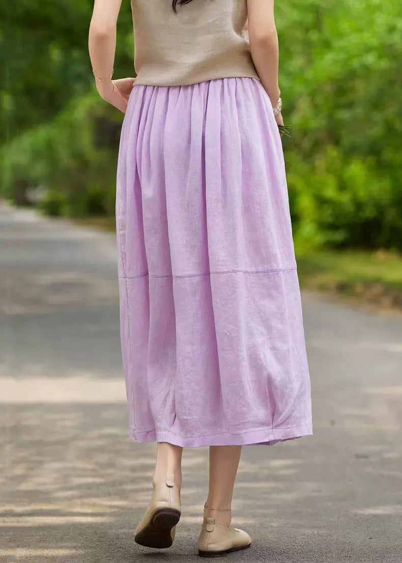 Purple Pockets Linen Summer Skirts Elastic Waist