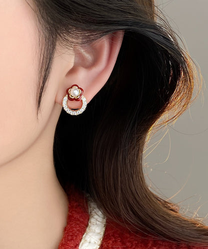 Red Copper Alloy Zircon Camellia Flower Stud Earrings