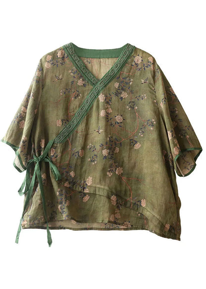 Navy Embroideried Asymmetrical Design Print Tie Waist Linen Shirt Short Sleeve