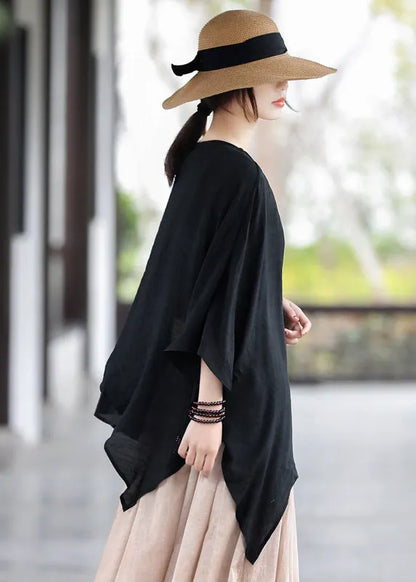 Black O-neck Patchwork Cotton Tops Batwing Sleeve