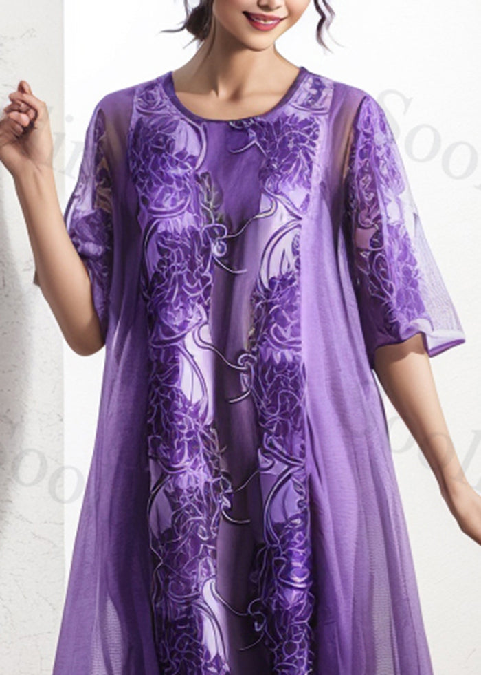 Purple Oversized Print Silk Dress Summer