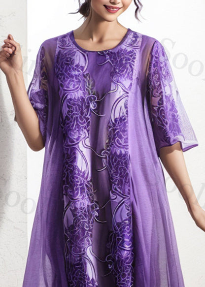 Purple Oversized Print Silk Dress Summer
