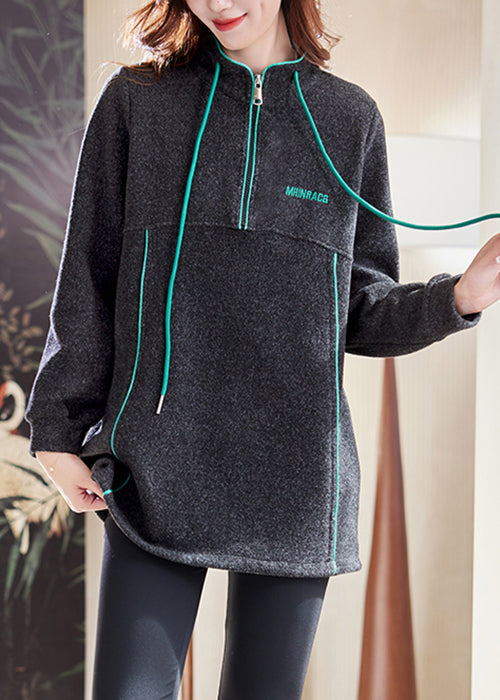 Dark Gray Zip Up Drawstring Patchwork Cotton Sweatshirts Spring