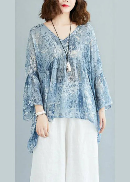Yellow Loose V Neck Print Patchwork Fall Tops Half Sleeve