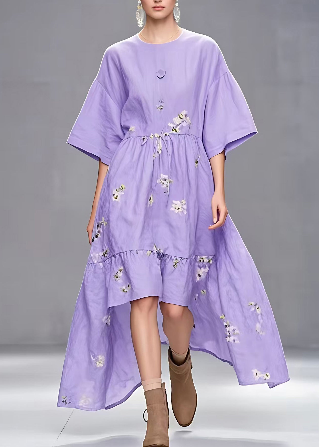 Stylish Purple O-neck Tie Waist Low High Design Maxi Dresses Fall
