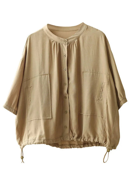 Khaki Stand Collar Drawstring Button Silk Shirt Top Bracelet Sleeve