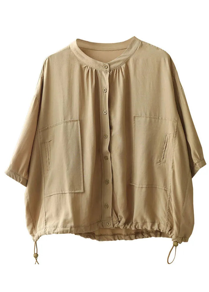 Khaki Stand Collar Drawstring Button Silk Shirt Top Bracelet Sleeve