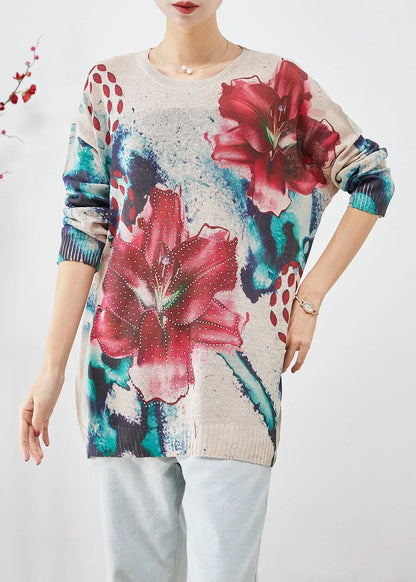 Diy Beige Oversized Print Knit Pullover Fall
