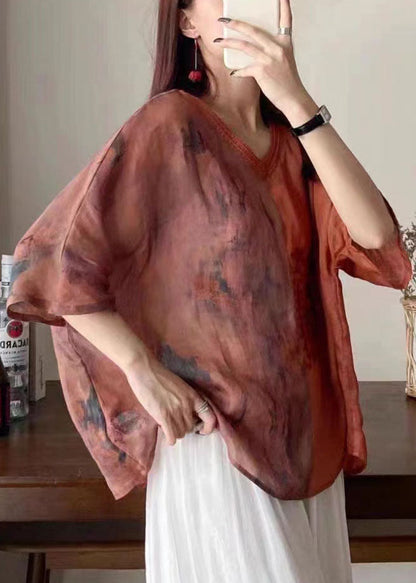 Orange V Neck Embroideried Print Patchwork Linen Shirt Tops Summer