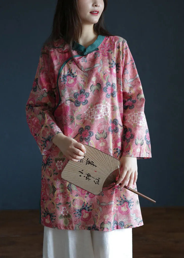 Pink Button Stand Collar Side Open Print Linen Tops Long Sleeve