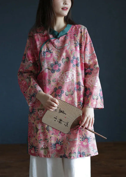 Pink Button Stand Collar Side Open Print Linen Tops Long Sleeve