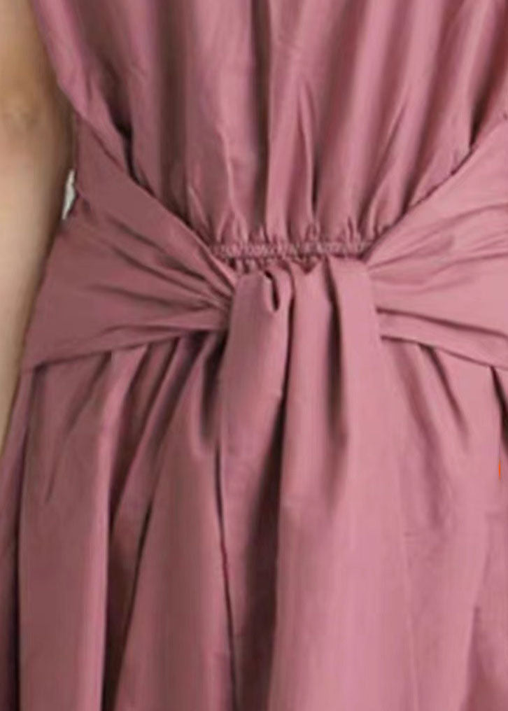 Pink Bow Wrinkled Patchwork Cotton Dress Summer