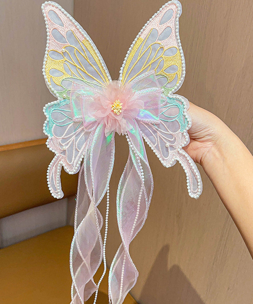 Style Pink Alloy Pearl Tulle Butterfly Ribbon Hairpin