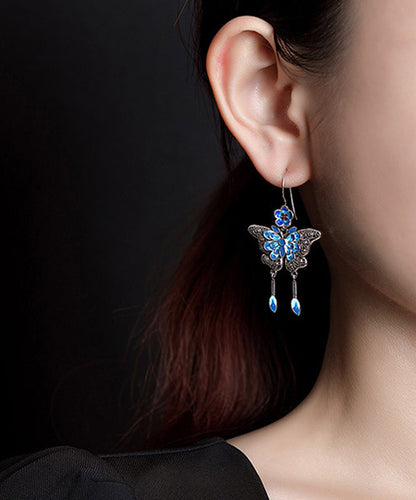 Boutique Blue Sterling Silver Butterfly Plum Blossom Tassel Drop Earrings
