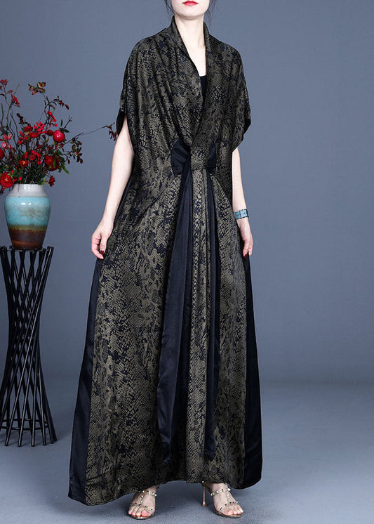 Simple Green V Neck Print Patchwork Dress Spring