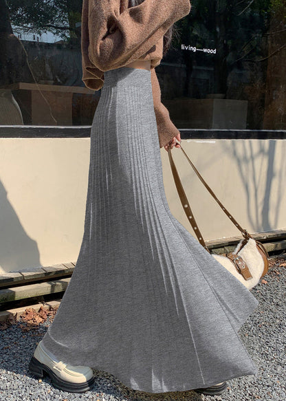 Classy Grey Exra Large Hem Knit Pleated Skirts Spring